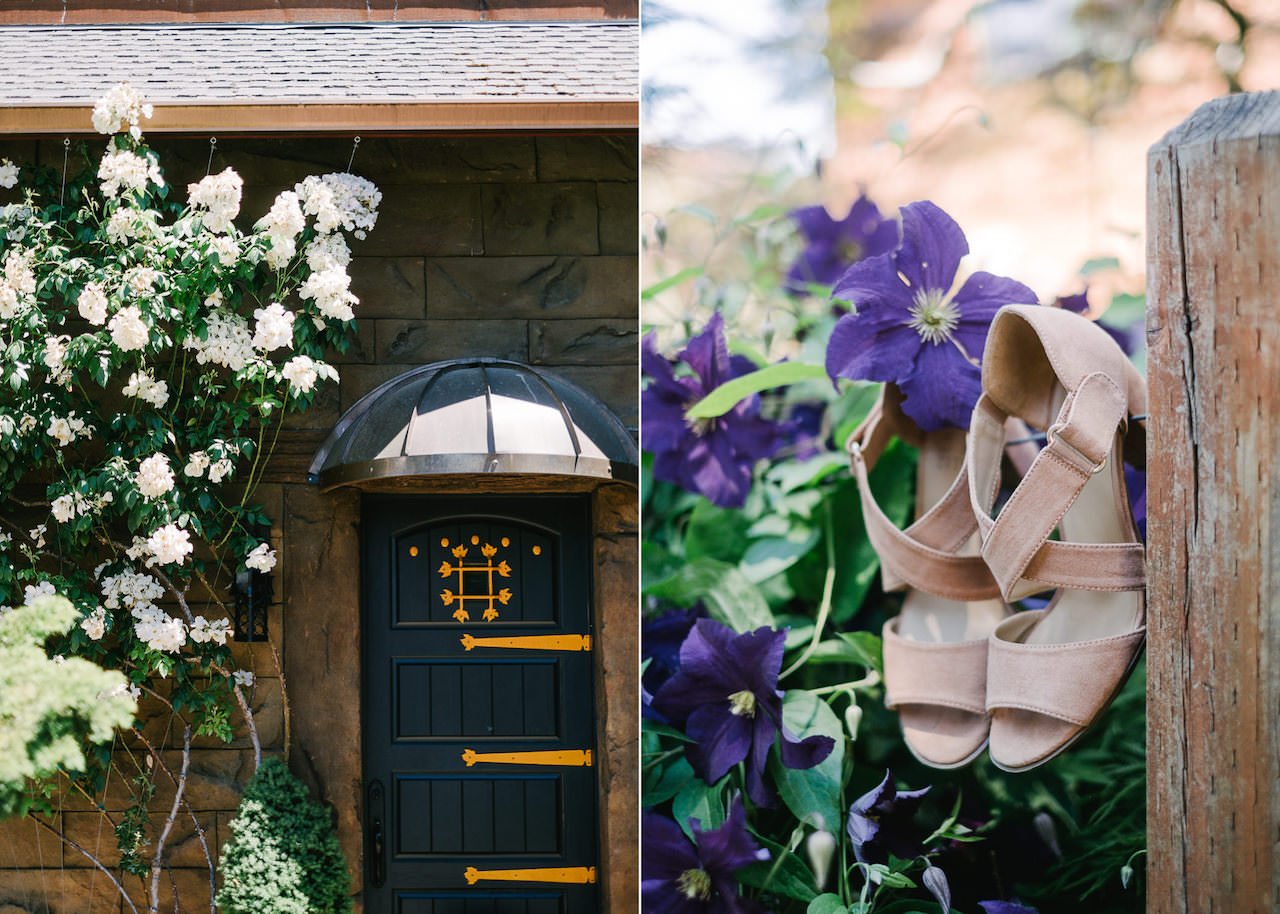  Bride shoes hanging by purple clematis flowers 