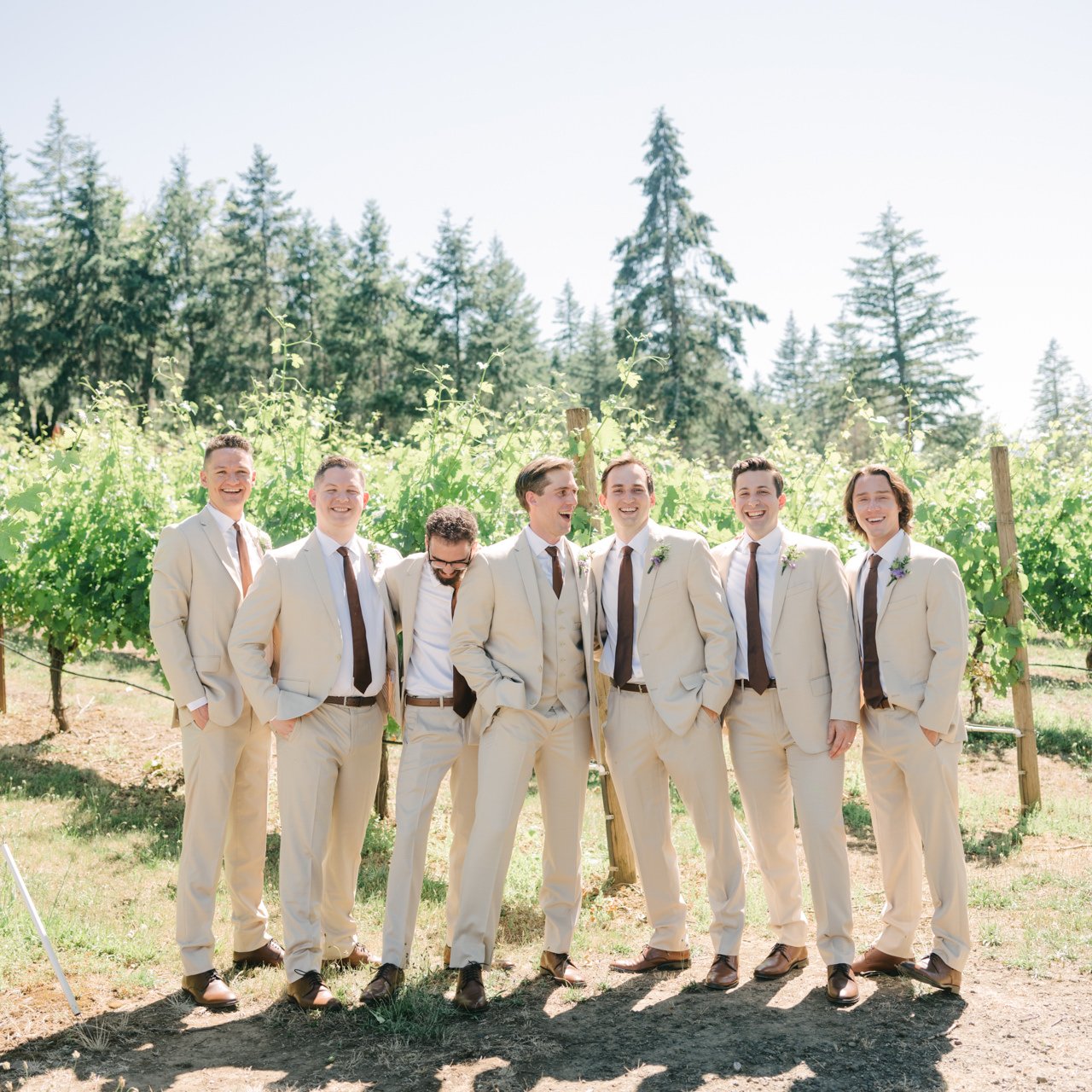  Square portrait of groomsmen in tan suits and brown ties in vineyard laughing 