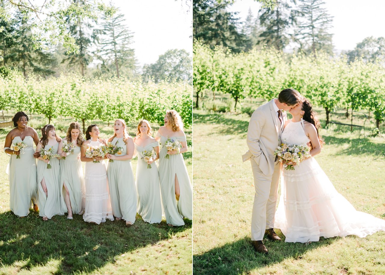  Bridesmaids in light green share laugh with bride in reustle prayer rock vineyards 