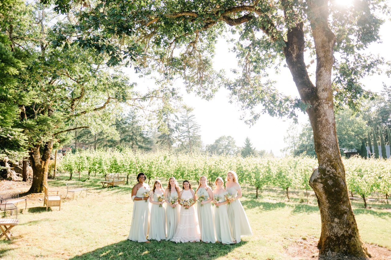  Wide angle portrait of bridesmaids in sunlight in vineyards by oak tree 