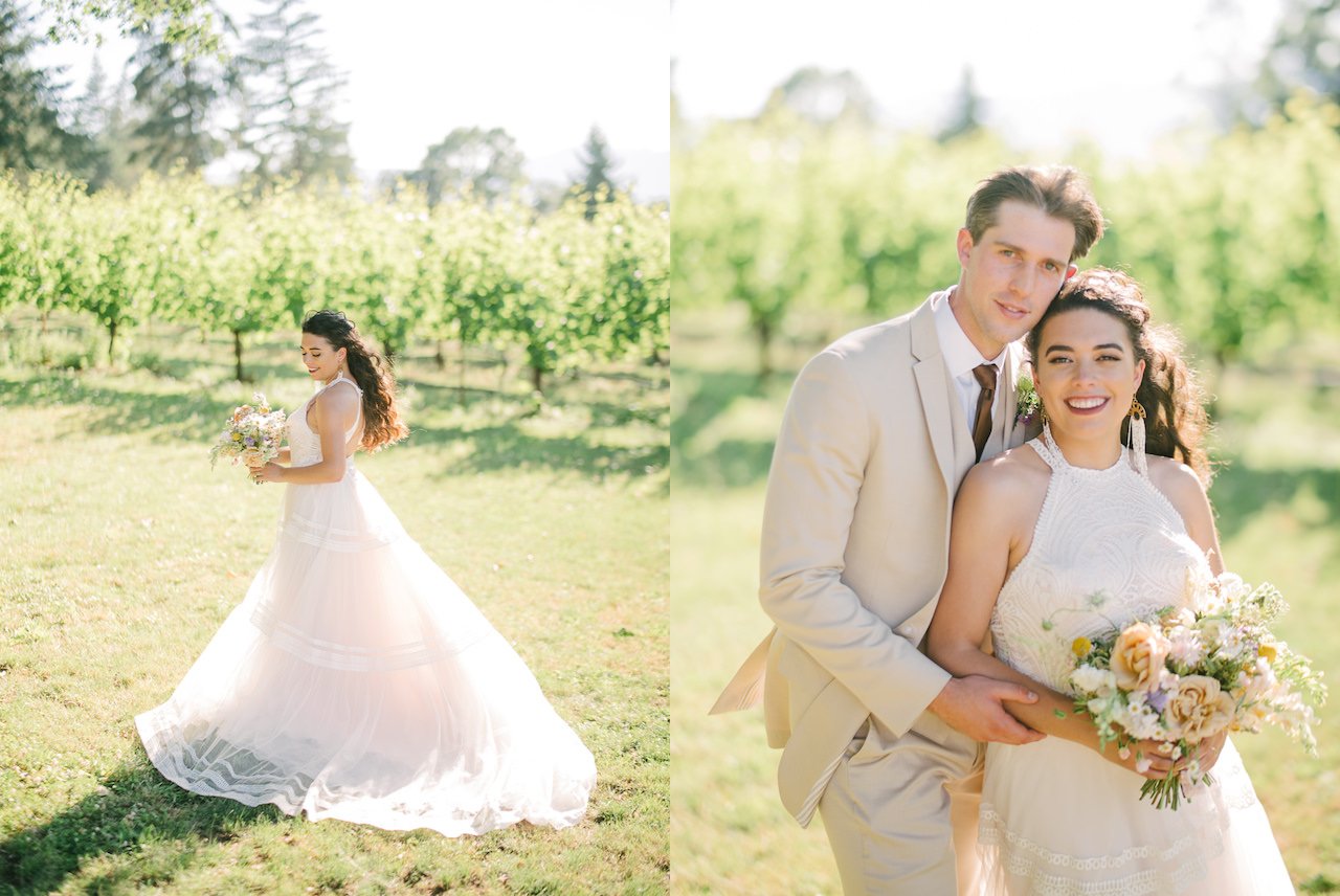  Classic bride and groom portrait in sunshine at a vineyard with tan suit 