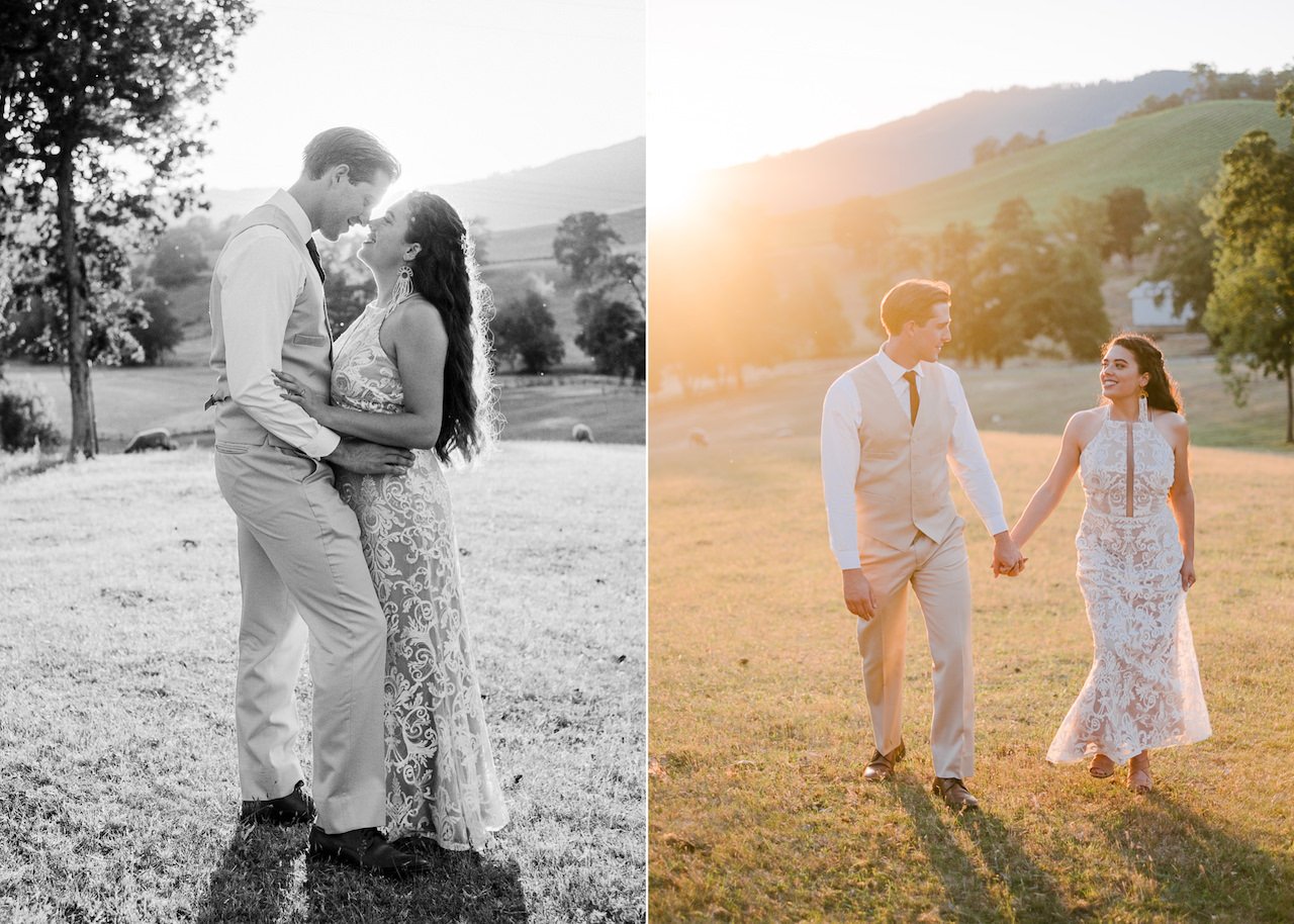  Bride and groom holding hands walking in farm fields at golden hour in Roseburg 