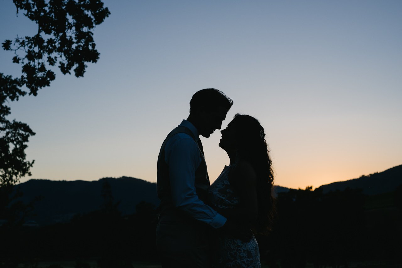  Silhouette of bride and groom portrait at blue hour in farm valley 