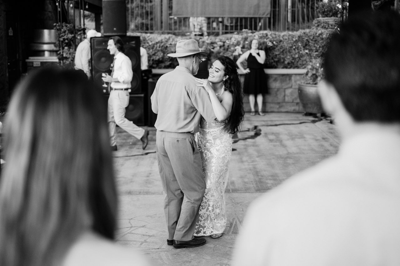  Black and white photo of father daughter dance in outdoor summer wedding 