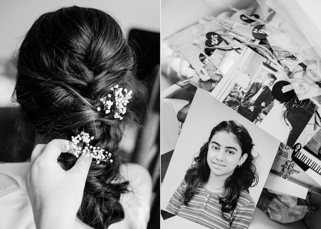  Placing baby breath in brides hair with black and white child photos 