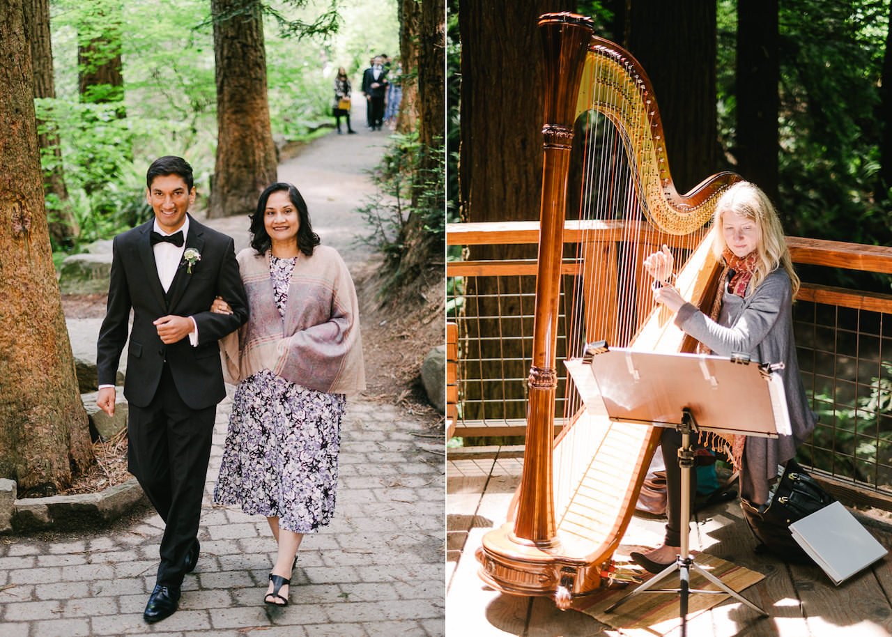  Groom walks mother down forest park trail to ceremony on redwood deck with harp player 