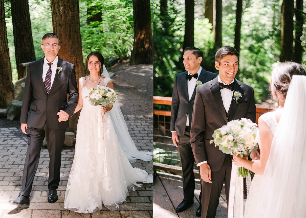  Bride walks into sunlit redwood deck to formal wedding ceremony 