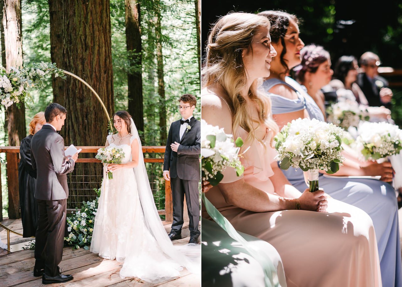  Overhead sunlight on redwood deck during wedding ceremony vows 