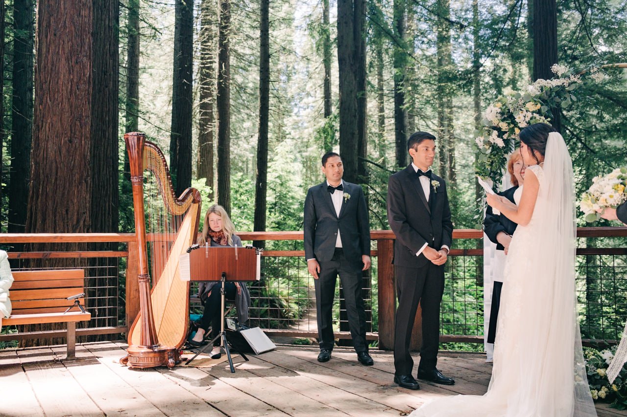  Wedding ceremony with harp on redwood deck in portland 