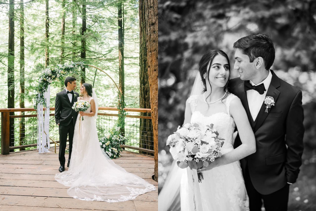  Portrait of bride and groom on redwood deck in forest park with floral circular backdrop 