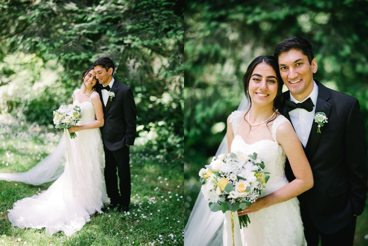  Bride and groom portrait with white dress and green bouquet in forest 