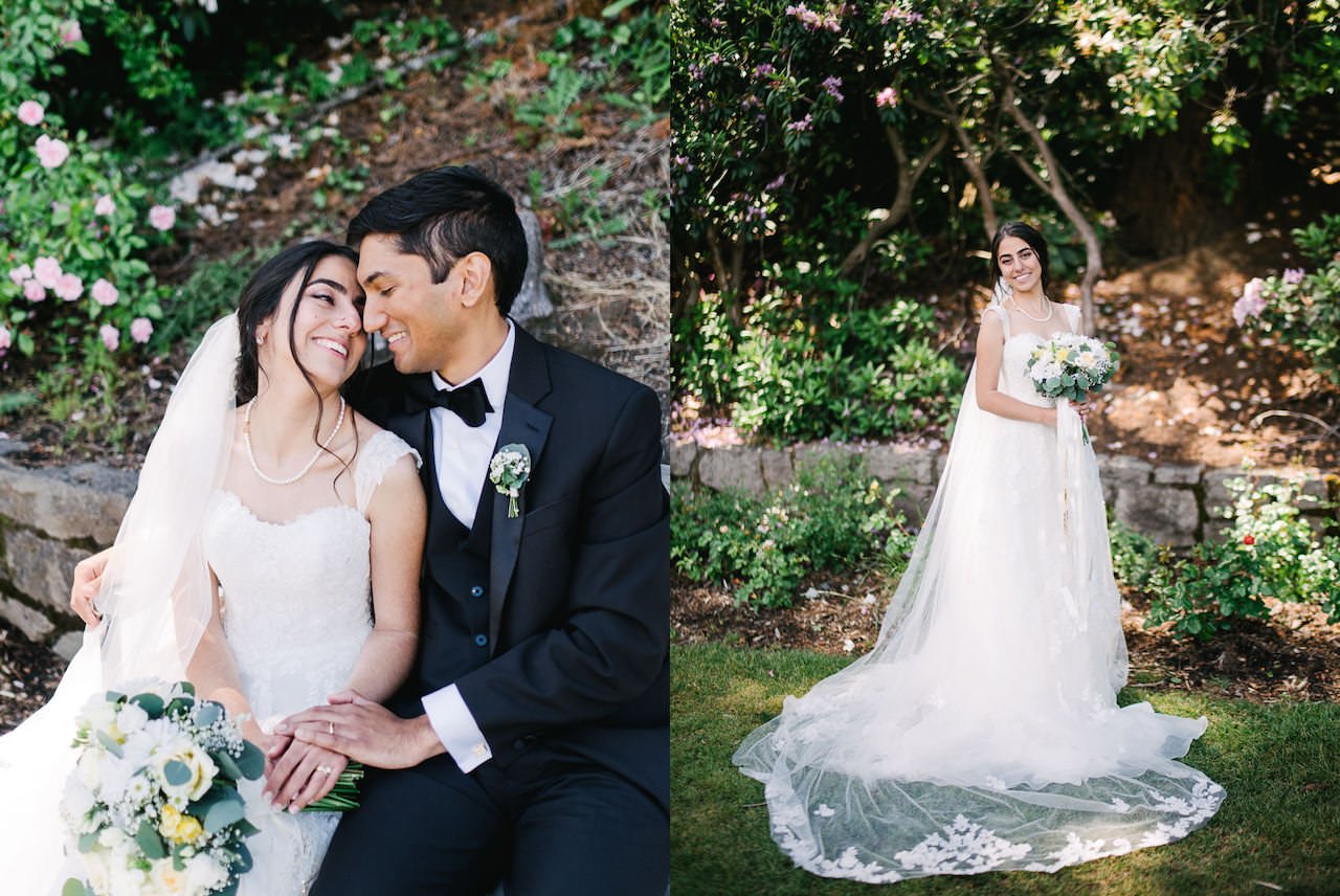  Bridal portrait in rose test garden in portland snuggling with groom on bench 