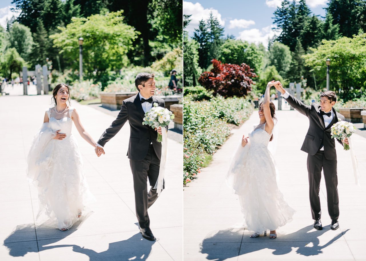  Bride laughs while walking holding dress and grooms hand, while spinning 