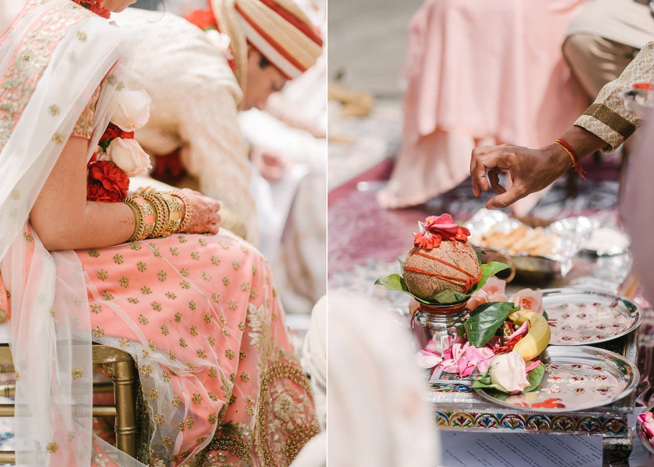  Details of gold bangles and hand flicking water on coconut 