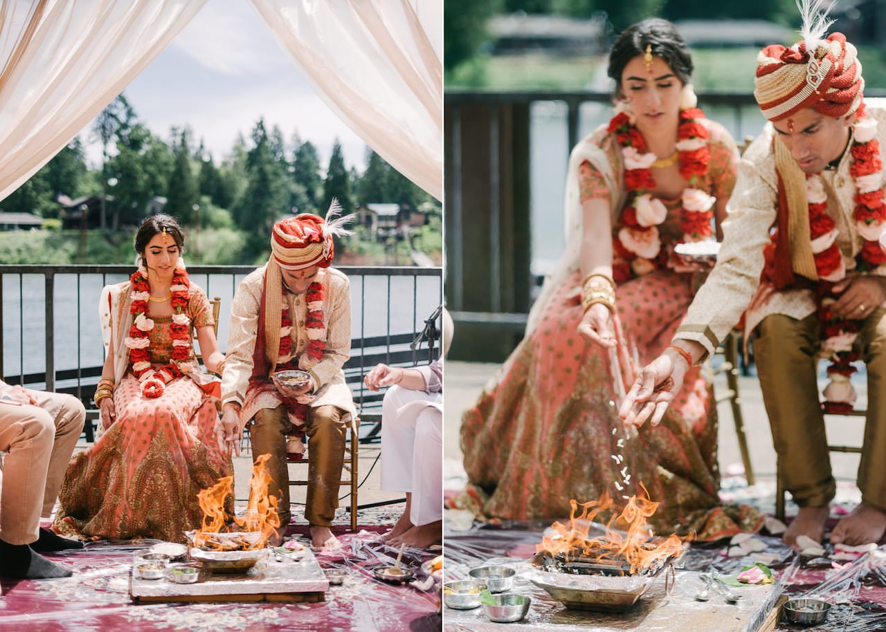 Indian wedding couple toss rice into fire 