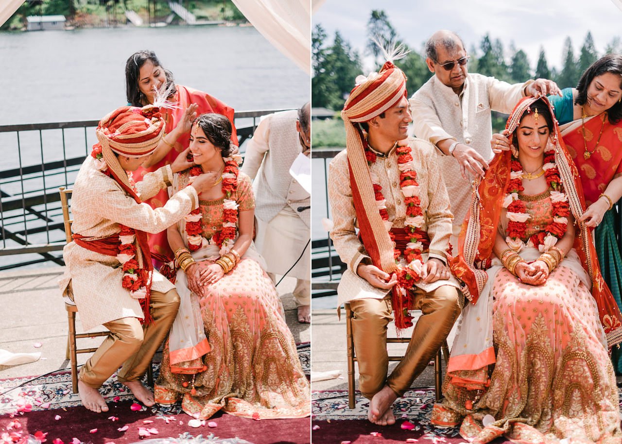  Indian Parents adjust red shawl during ceremony 