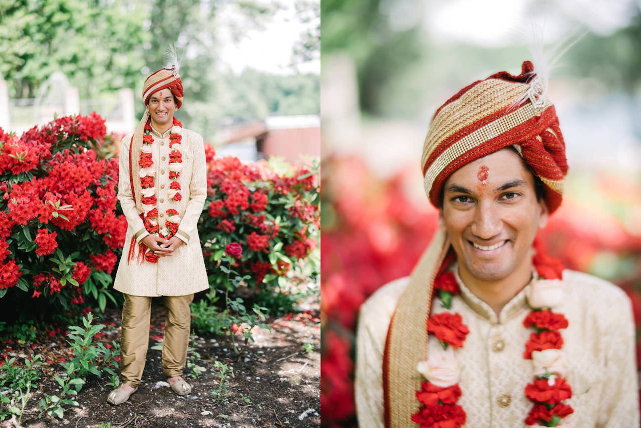  Groom portrait after Indian wedding ceremony with red and white garland 