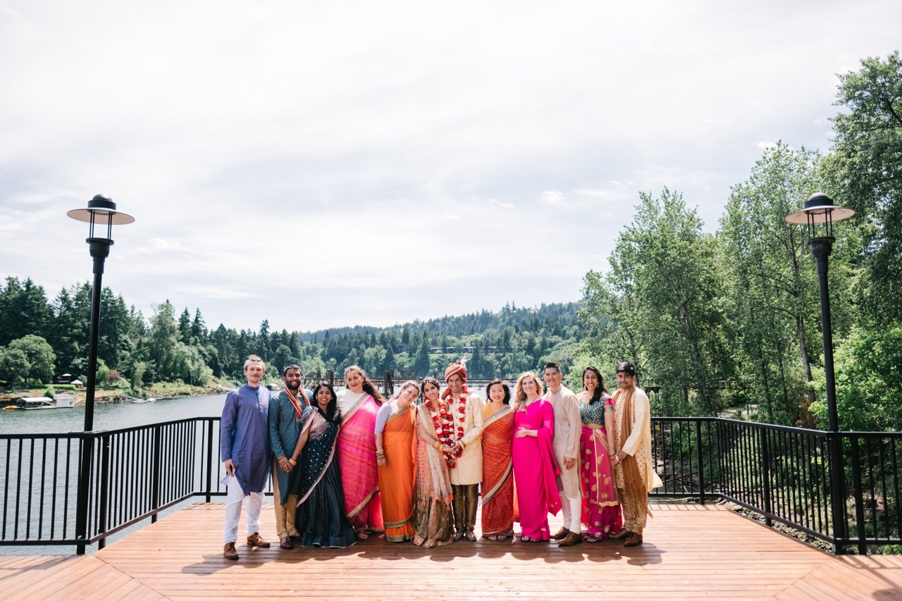  Colorful wedding party photo of saris and married Indian couple at Roehr park 