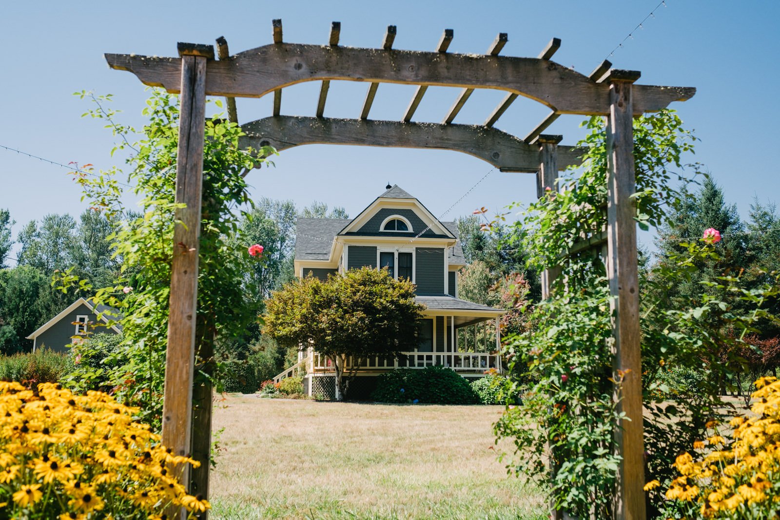 Green farm house framed by rose arch lattice 