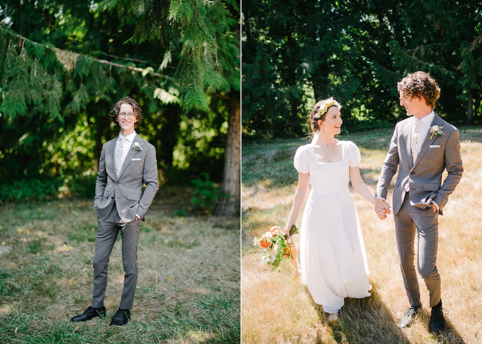  Solo portrait of groom with grey suit and floral yellow tie in front of fir trees 