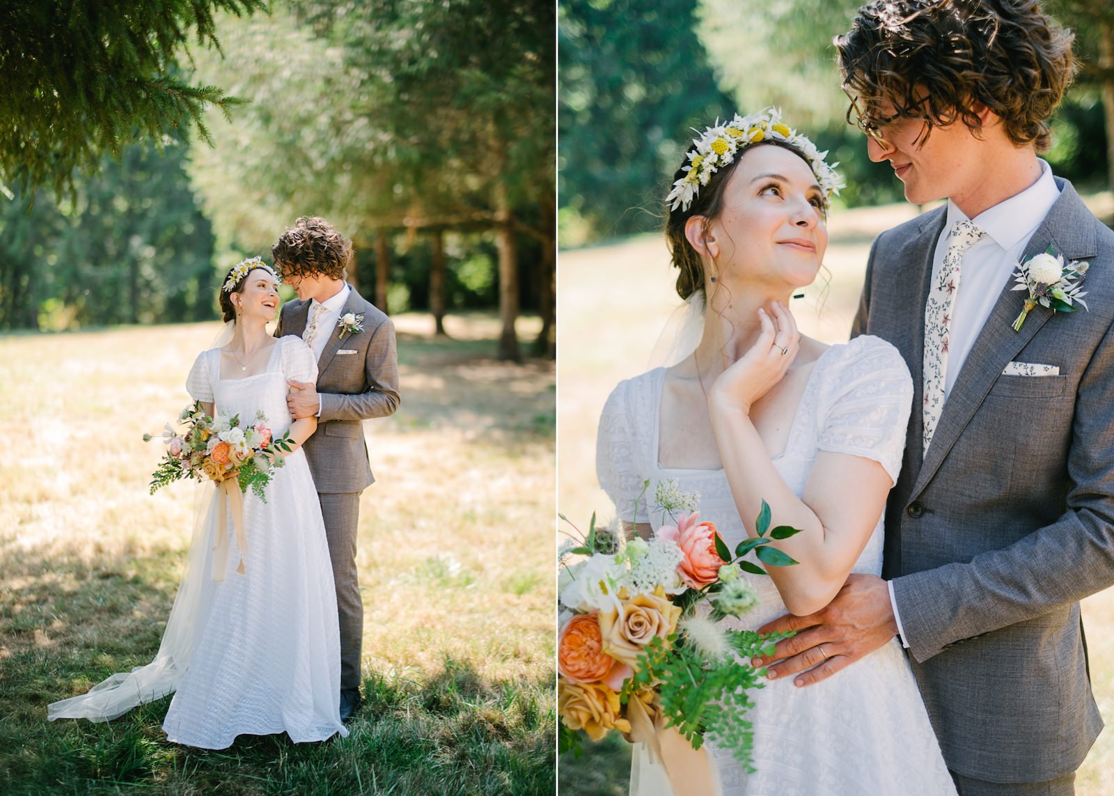  Bride with pink yellow and orange flower bouquet laughs while standing in shade 