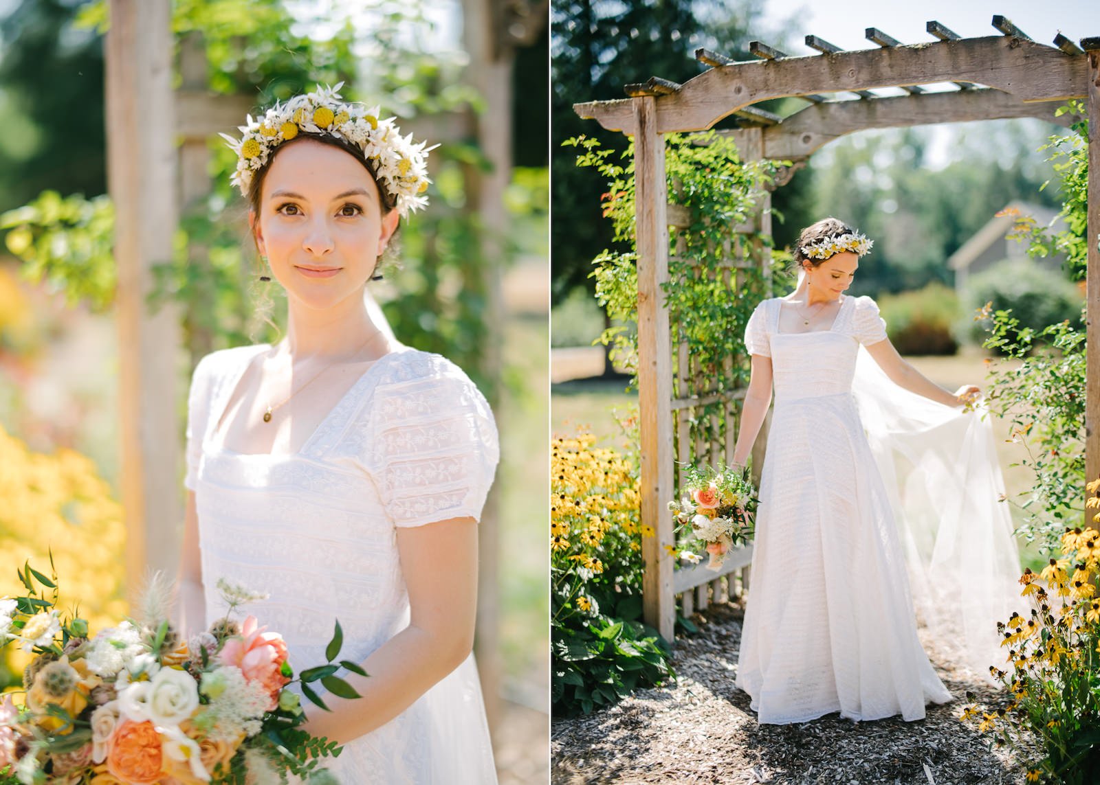  Bridal portrait with daisy flower crown portrait under arbor while holding long veil 