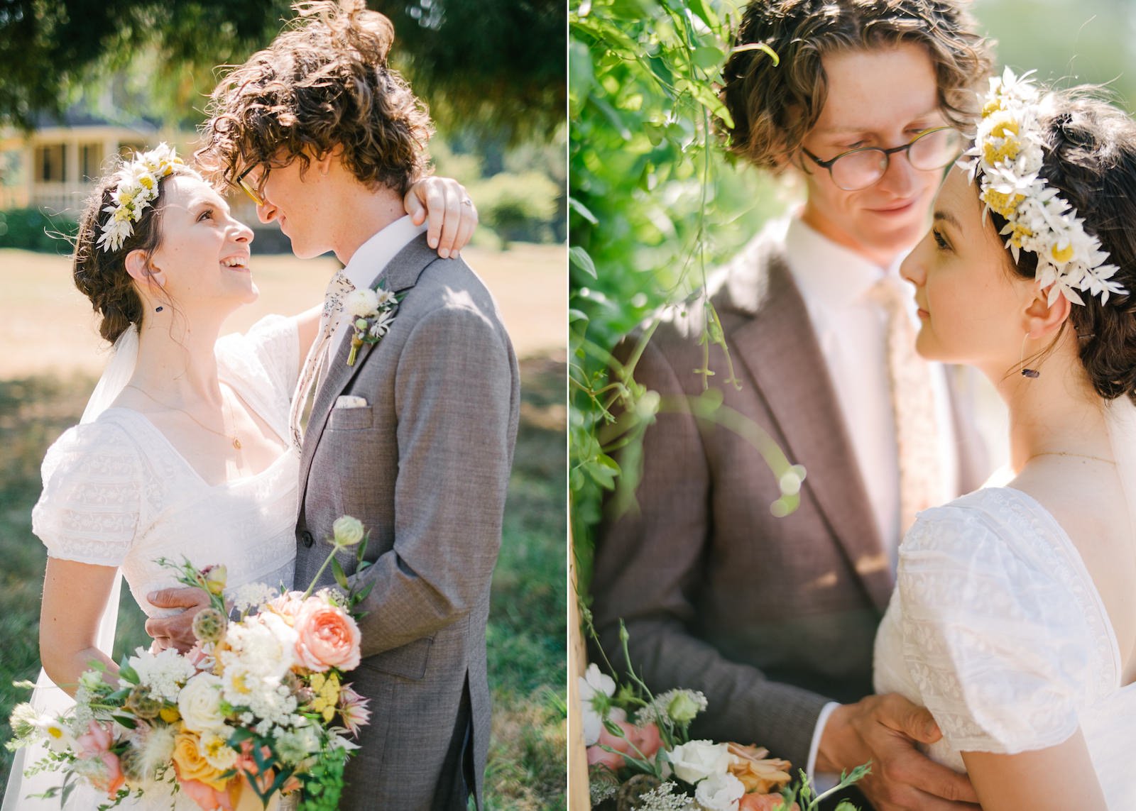  Bride with flower crown and groom surrounded by green vines 