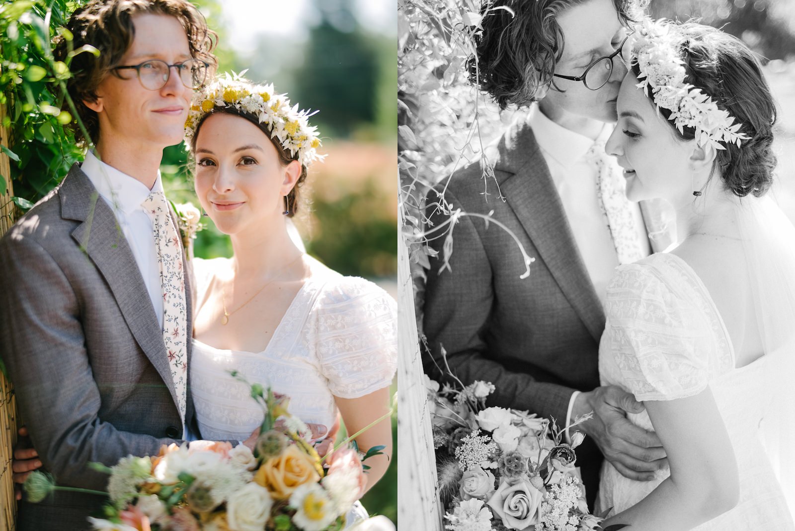  Bride with daisy flower crown smiles next to groom with vines surrounding them 