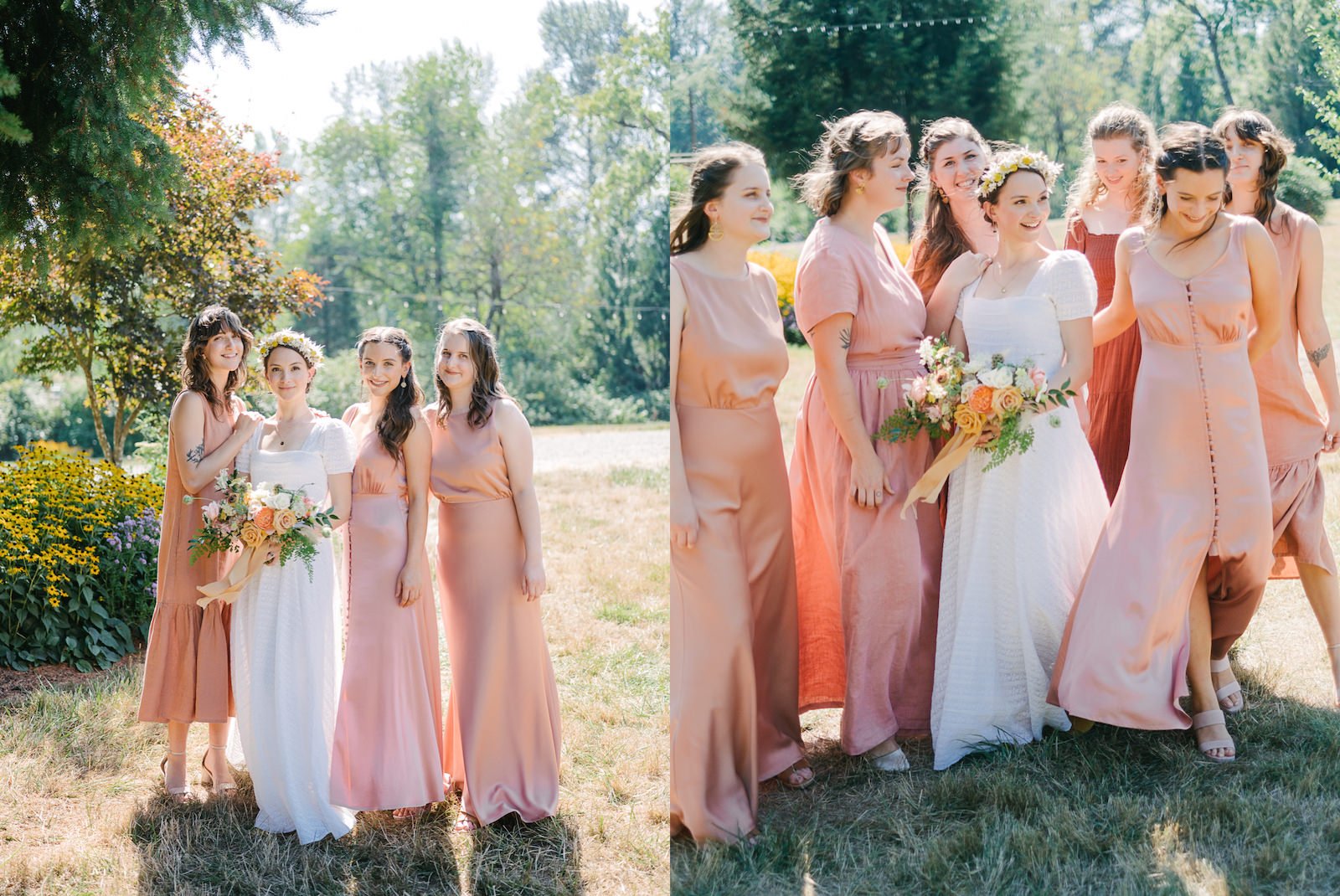  Bride and bridesmaids in peach and maroon dresses candidly walking and laughing in wind 