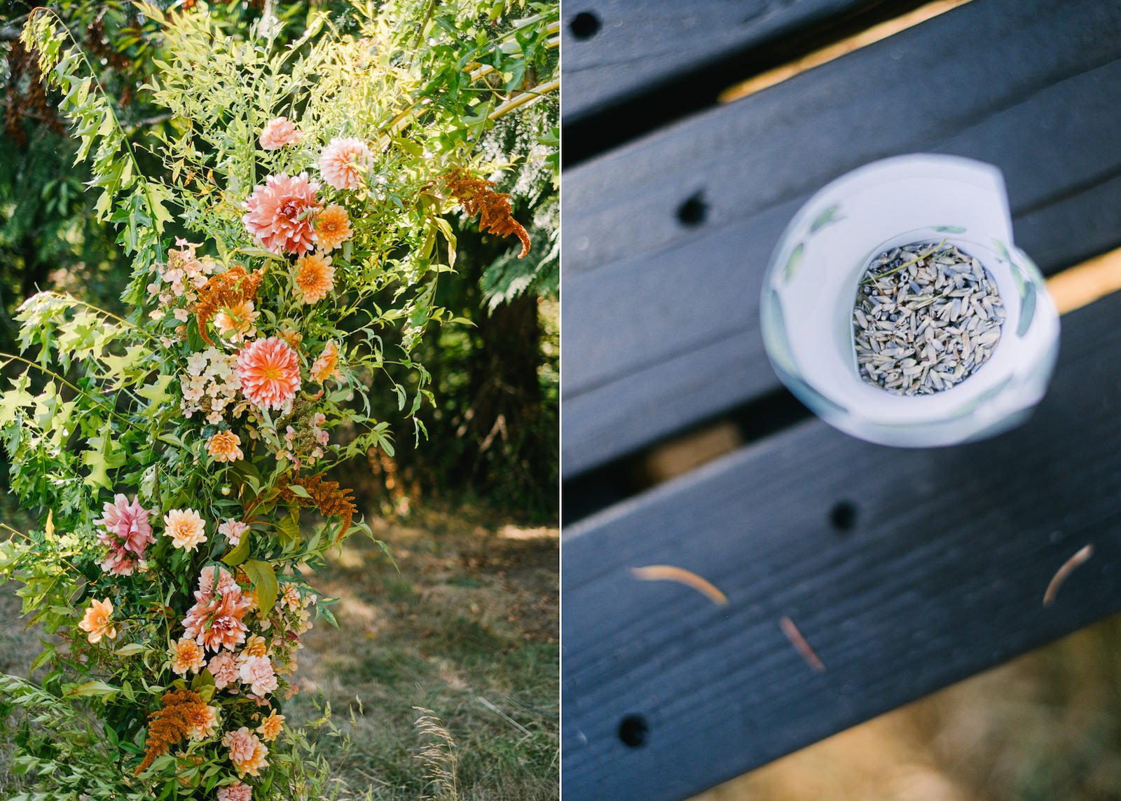  Lavender seeds for wedding ceremony on black bench 