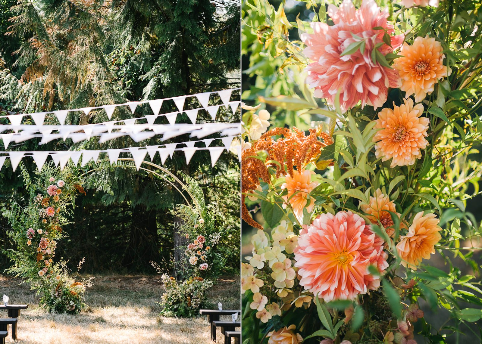  Floral wedding arch with pink orange and yellow flowers on sides and flag banners over the ceremony benches 