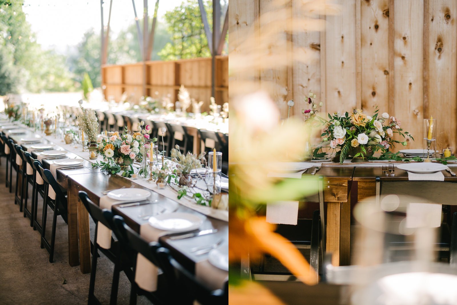 Wedding reception with brown tables and tablecloths with pink and orange table florals 