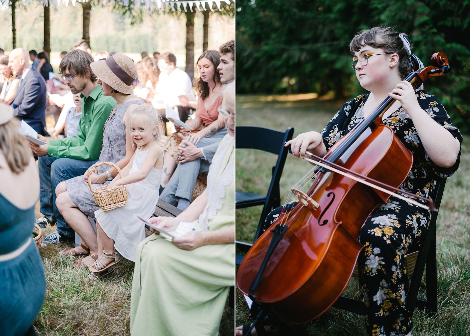  Cello player plays in field while wedding guests sit on benches 