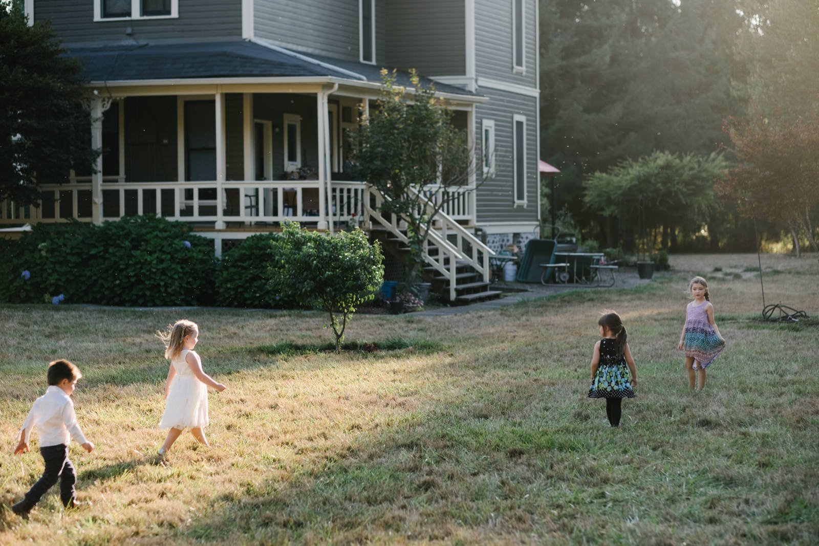  Candid moment of kids at wedding in field in sunlight beam 