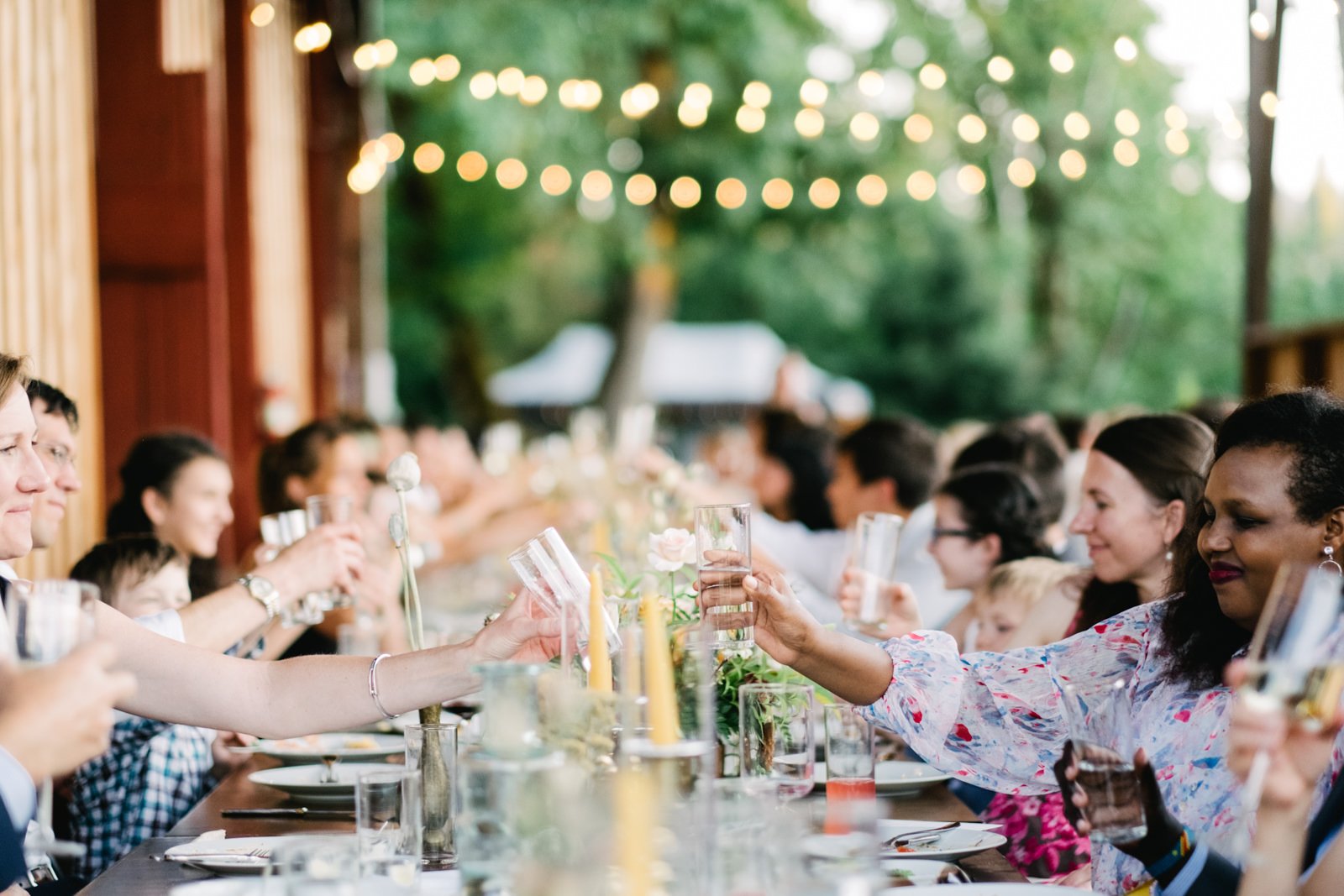  Wedding guests cheers glasses with bulb lights and greenery behind them 
