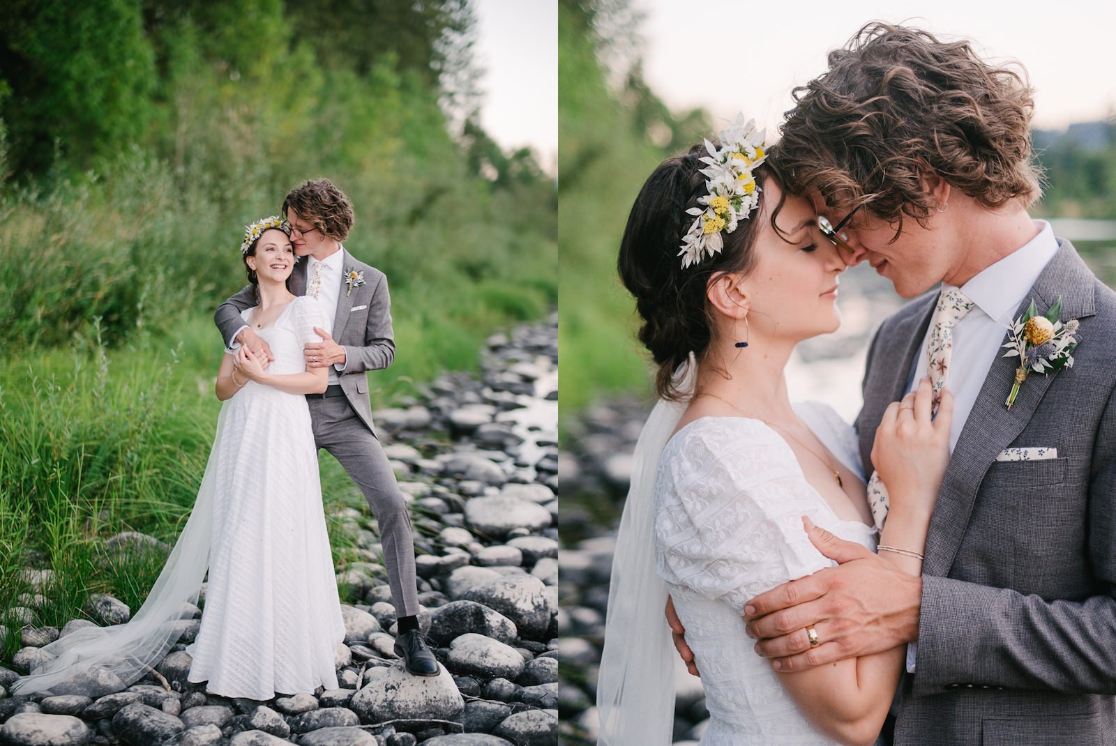  Smiling moments by river during evening portraits of groom and bride with daisy crown 