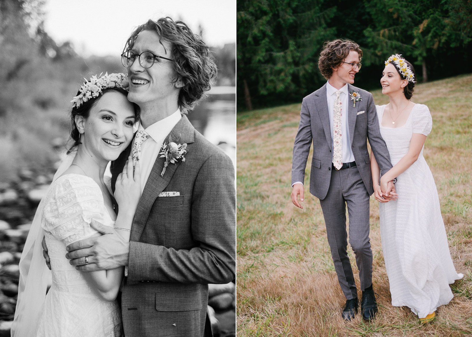  Couple just married walks through field holding hands 