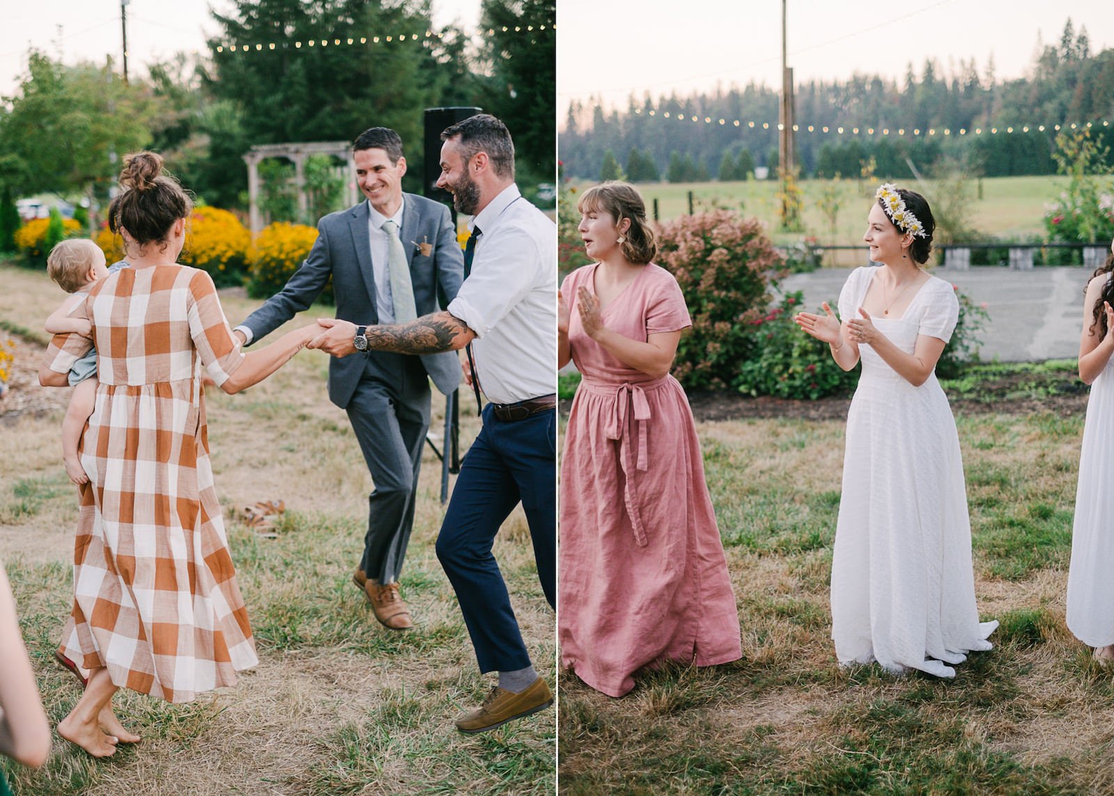  Bride claps while guests twirl in English dancing 