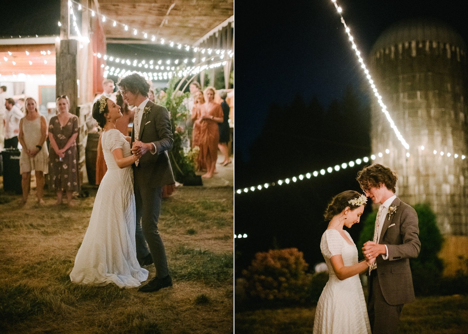  Couple shares romantic dance by silo and twinkle lights 