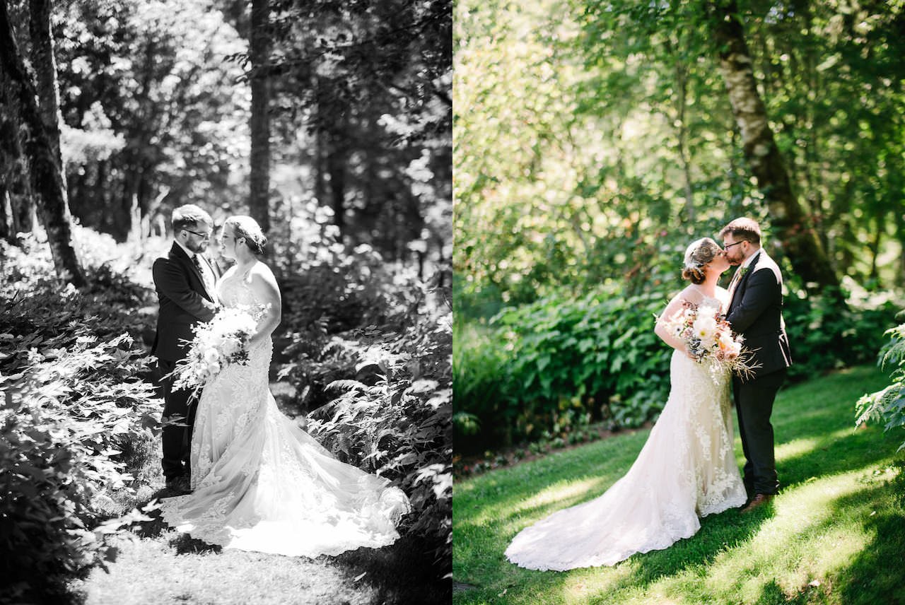  Bride kisses groom on grassy slope in sunlight at bridal veil lakes 