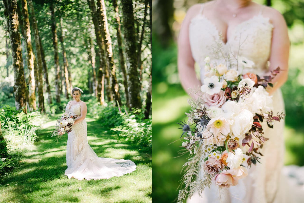  Bridal portrait with maroon and burnt pink florals in row of trees 