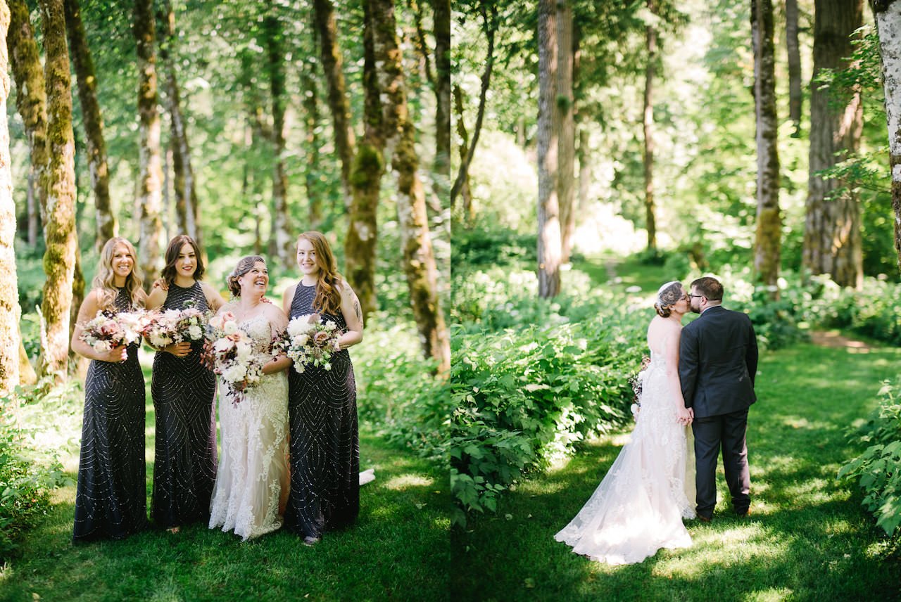  Bridesmaids in dark shimmery dresses laugh with bride in row of trees 