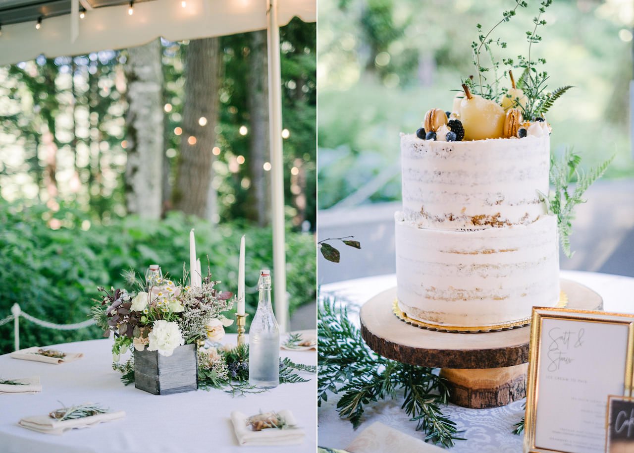  Table florals set in wooden boxes with twinkle lights and pear macaroon cake 