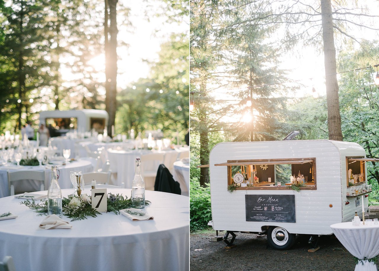  Tiddly trailer set in sunlight forest at wedding reception in portland 