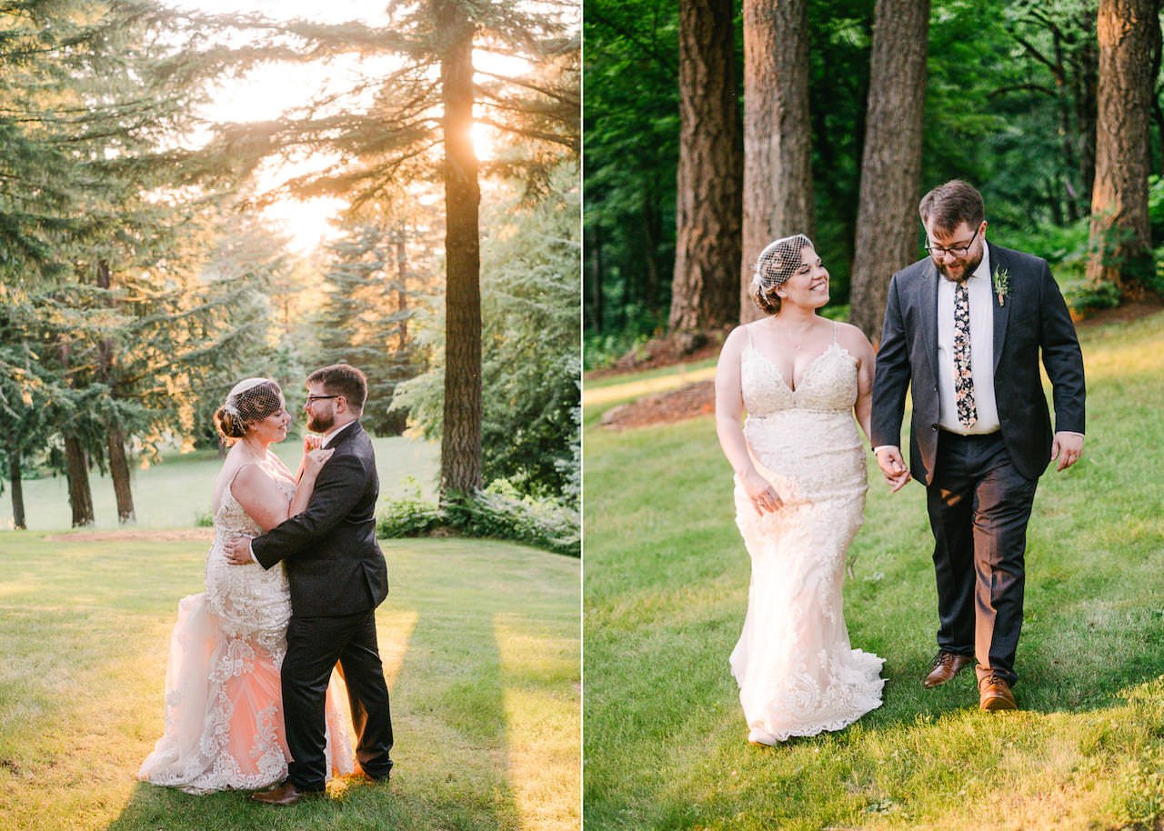  Sunlight glows through wedding dress in field surrounded by fir trees 