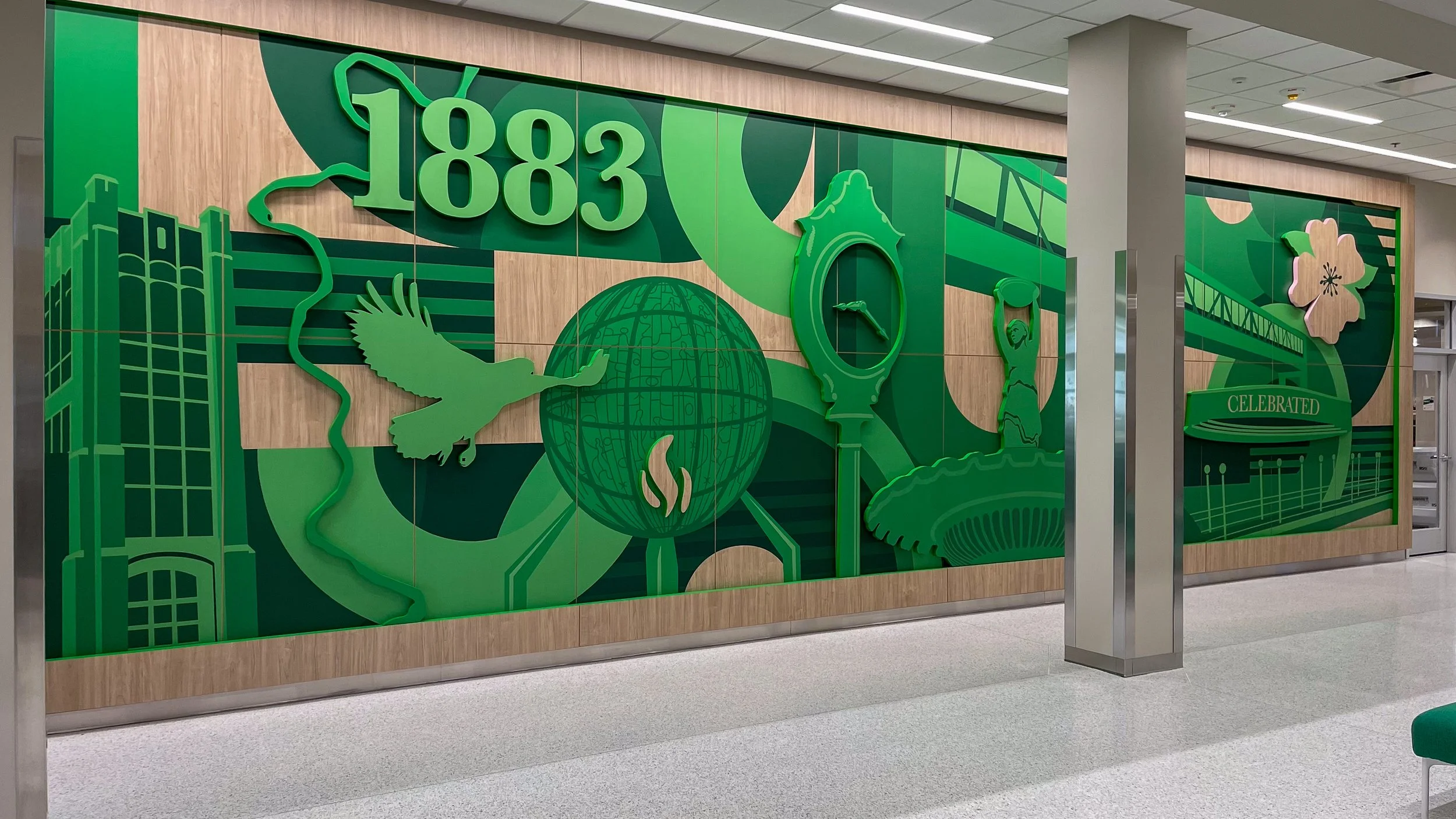 Mural of UND visual elements in the Memorial Union