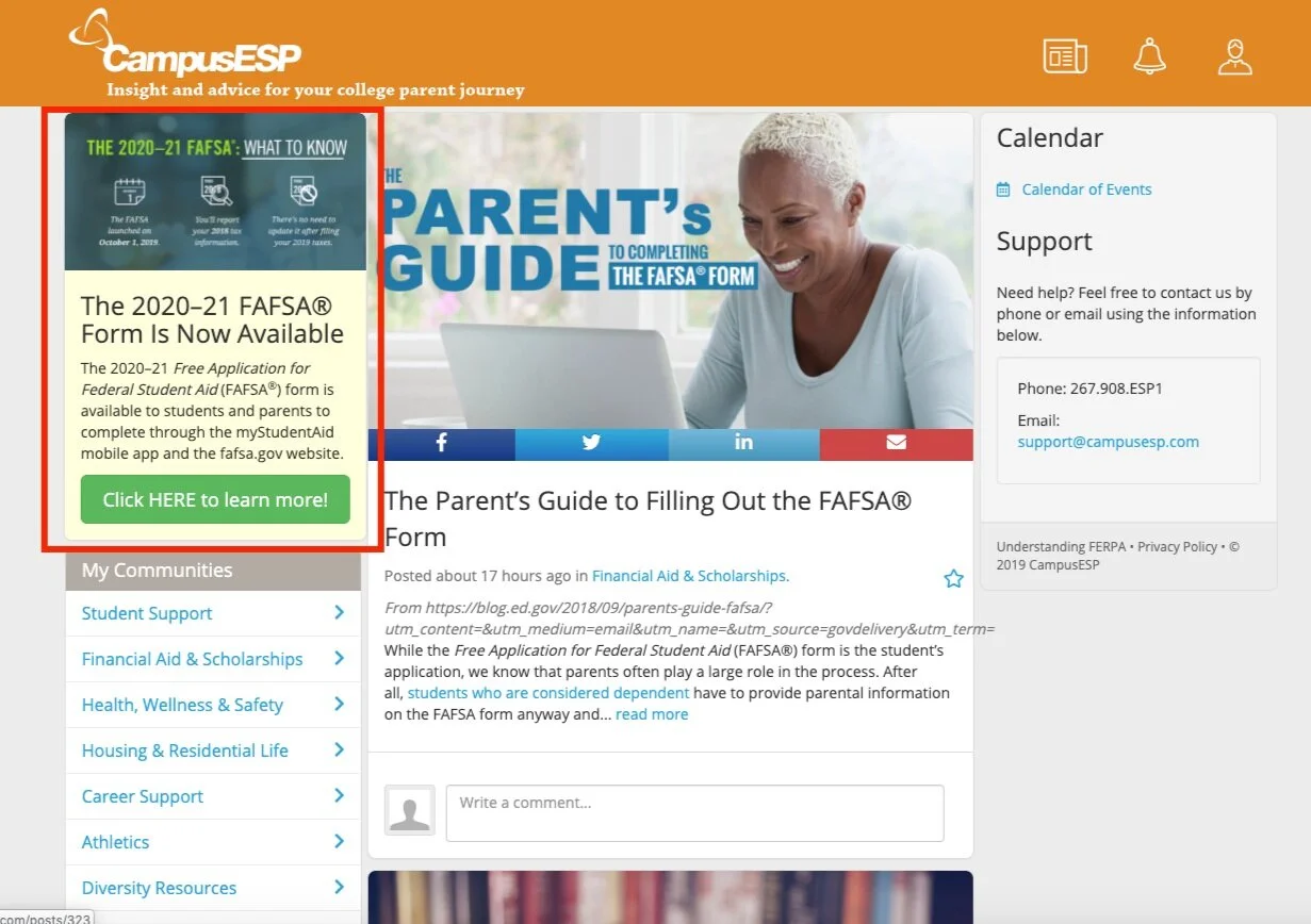The " Click HERE to learn more !" button can redirect parents to any URL. In the sample, we used https://studentaid.ed.gov/sa/about/announcements/fafsa-mobile-options