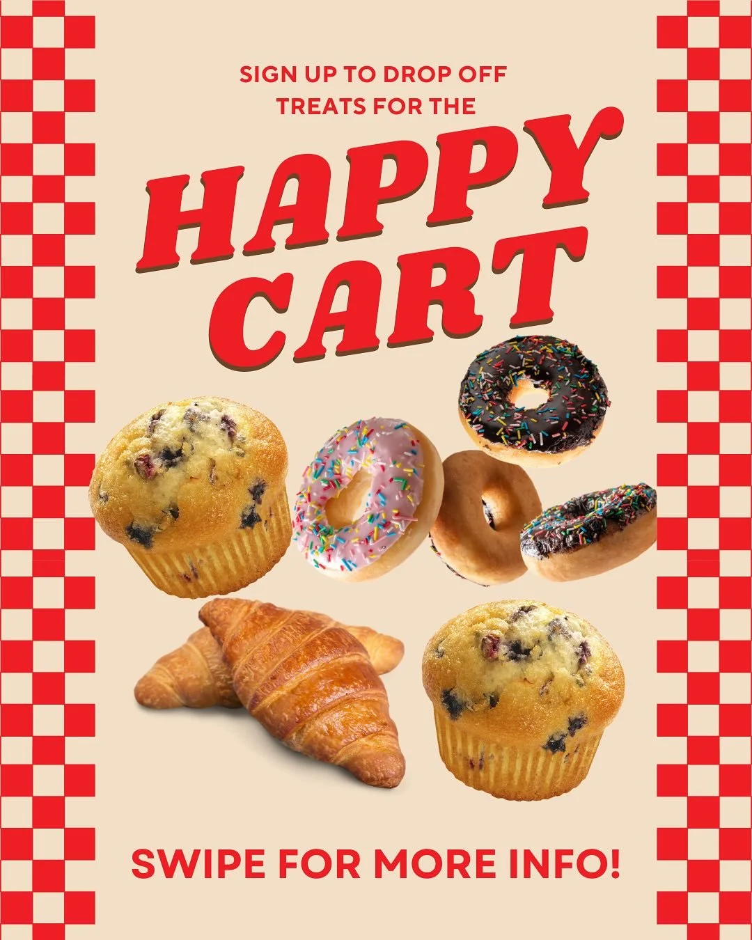 The Happy Cart rolls through every month and the next one happens Monday, October 6th! Each month we need donated treats (vegan, GF, and regular) to stock the cart. Sign up at the link in bio for any month that works for you! 🥐🍪🍿