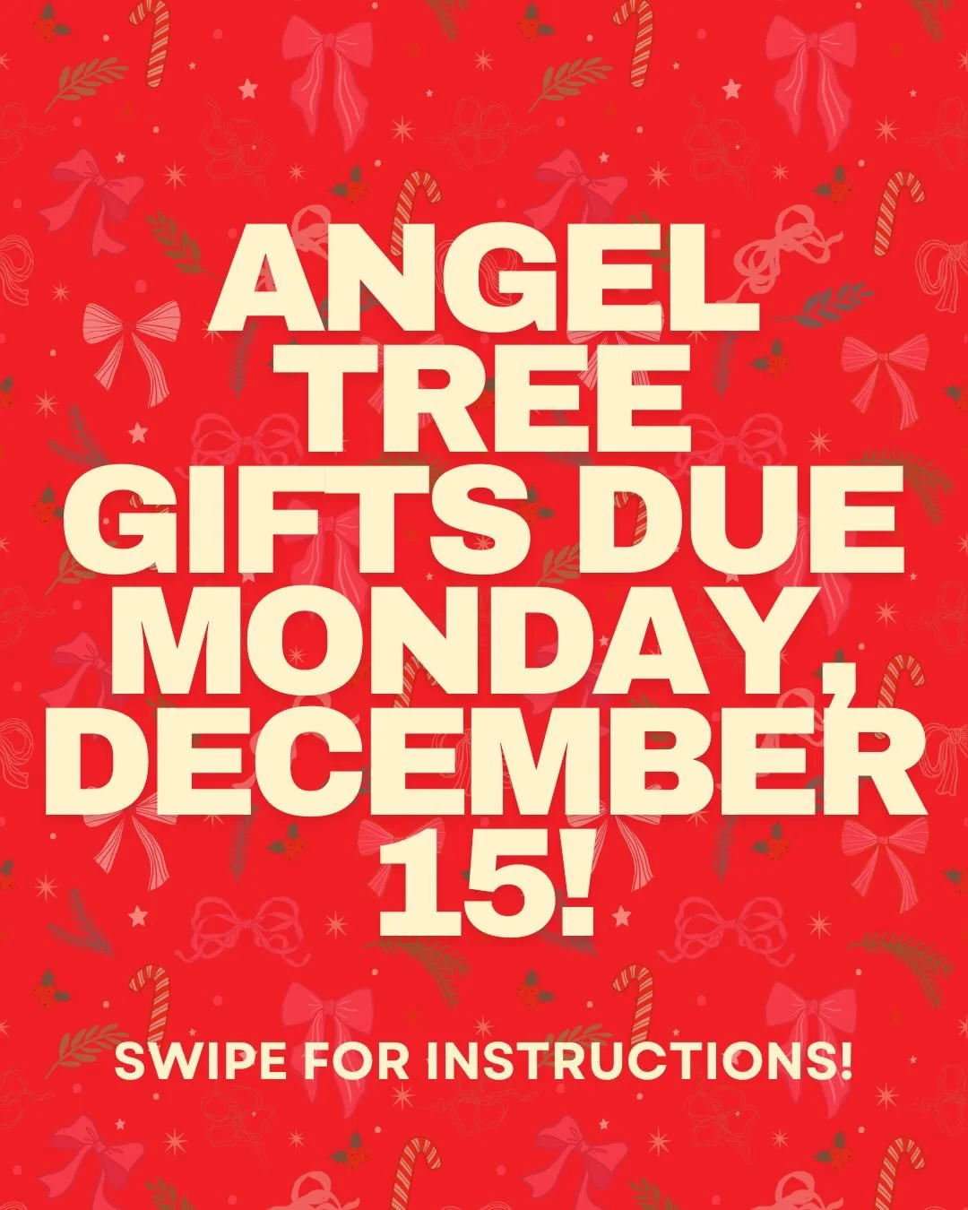 Angel Tree gifts are DUE MONDAY! Swipe or read below for a list of instructions. Thank you for supporting another Dragon this holiday season! 

🎁 Wrap gifts
🧑&zwj;🧑&zwj;🧒&zwj;🧒 Include the family and child letter or number
📋 Attach a list of pu