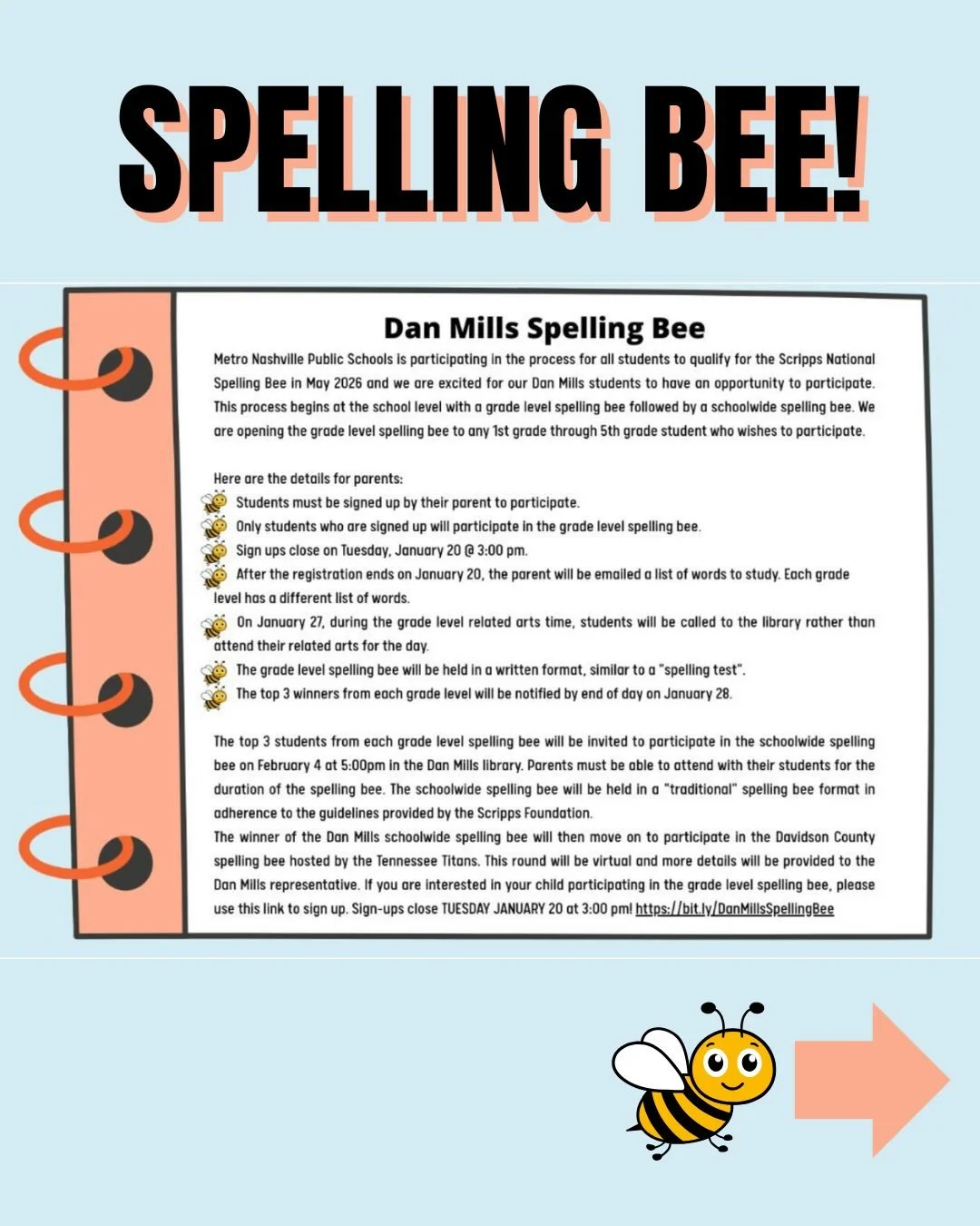 🐝 Did you catch the spelling bee news in Tuesday Newsday?! Swipe for all of the details and sign your kiddo up at the link in bio. Metro Nashville Public Schools is participating in the process for all students to qualify for the Scripps National Sp